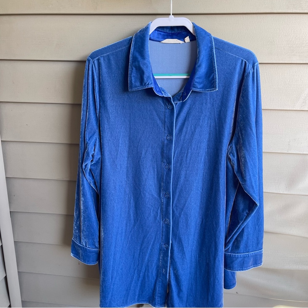 Soft Surrounding Blue Velvet Button Up Boyfriend Tunic Top Size M